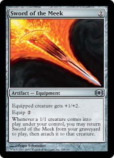 Sword of the Meek
 Equipped creature gets +1/+2.
Equip {2}
Whenever a 1/1 creature enters the battlefield under your control, you may return Sword of the Meek from your graveyard to the battlefield, then attach it to that creature.